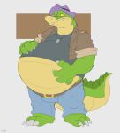 2024 3_toes 4_fingers alligator alligatorid anthro belly big_belly bottomwear brok_(brok_the_investigator) brok_the_investigator canson clothing crocodilian feet fingers green_body hat headgear headwear hi_res male overweight overweight_male pants reptile scalie shirt simple_background solo toes topwear