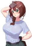  1girl arm_up bang_brave_bang_bravern belt black_belt blue_shirt blush braid breasts brown_hair commentary_request green_eyes hand_on_own_hip highres large_breasts long_hair miyu_katou onsoku_inu parted_lips shirt short_sleeves solo upper_body 