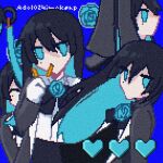  1girl ^_^ ado_(utaite) black_bow black_bowtie black_coat black_hair blue_background blue_eyes blue_flower blue_hair blue_rose bow bowtie chando_(ado) closed_eyes cloud_nine_inc coat colored_inner_hair commentary dress_shirt floating_hair flower flower_brooch food food_in_mouth gloves hair_between_eyes heart long_hair long_sleeves looking_at_viewer mole mole_under_eye multicolored_hair multiple_views pixel_art roasted_sweet_potato rose shirt simple_background spica_(spica5f9ea0) sweet_potato twitter_username two-tone_hair utaite white_gloves white_shirt 