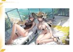  2girls animal azur_lane bare_arms bare_shoulders barefoot bikini bird black_hair breasts bruenhilde_(azur_lane) charybdis_(azur_lane) cleavage cup day drinking_straw flower grey_eyes grey_hair hat highleg highleg_swimsuit highres large_breasts lying maenoo manjuu_(azur_lane) multiple_girls non-web_source official_art on_back one-piece_swimsuit petals pillow red_eyes sandals see-through short_hair sun_hat swimsuit thigh_strap thighs toes white_hair 