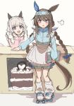  2girls :d admire_vega_(umamusume) animal_ears apron blue_bow blue_jacket blush bow braid brown_hair cabinet cake commentary_request curren_chan_(umamusume) d: ear_covers food grey_hair grey_socks hair_bow hands_on_own_chin head_rest highres holding holding_menu horse_ears horse_girl horse_tail jacket jersey_maid leaning_on_object long_hair long_sleeves looking_at_viewer maid maid_apron maid_headdress medium_hair menu multiple_girls open_mouth pink_jacket puff_of_air purple_eyes ra_mun5239 red_bow roller_skates simple_background single_ear_cover skates smile socks sweatdrop tail twin_braids umamusume unconventional_maid white_background 