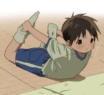  1boy black_hair blue_shorts blush child exercise gurio0505 gym_uniform hands_on_own_feet highres loose_socks lying male_focus mat on_stomach original shirt short_hair short_sleeves shorts socks solo stretching white_shirt wooden_floor 