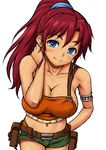  armlet bellows_(suisei_no_gargantia) blue_eyes blush breasts cleavage kasanui large_breasts long_hair looking_at_viewer midriff navel ponytail red_hair shorts simple_background smile solo suisei_no_gargantia white_background 