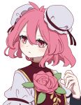  1girl absurdres blush bun_cover closed_mouth flower hair_between_eyes highres ibaraki_kasen kame_(kamepan44231) pink_eyes pink_flower pink_hair pink_rose rose shirt short_hair short_sleeves simple_background solo tabard touhou upper_body white_background white_shirt 