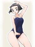  1girl arm_up black_eyes black_hair blue_one-piece_swimsuit blunt_bangs blunt_ends bob_cut commentary cowboy_shot girls_und_panzer looking_at_viewer one-piece_swimsuit open_mouth school_swimsuit short_hair solo standing swimsuit uenishi_chiyoko yass_hero 