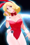  1girl animal_ears blonde_hair blue_eyes earth_(planet) fake_animal_ears gundam highres leotard looking_at_viewer mobile_suit_gundam pantyhose planet playboy_bunny rabbit_ears rabbit_tail sayla_mass short_hair space strapless strapless_leotard tail tanaka_yutaka wrist_cuffs 