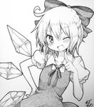  ;d blush bow cirno clown_222 dress fang greyscale hair_bow hand_on_hip millipen_(medium) monochrome one_eye_closed open_mouth ribbon shikishi short_hair signature smile solo touhou traditional_media upper_body wings 