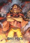  1boy black_eyes brown_hair commentary_request crossed_arms dai-xt dreadlocks english_text facial_hair gun male_focus medium_hair official_art one_piece open_mouth solo standing teeth translation_request weapon yasopp 
