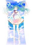  bad_id bad_pixiv_id barefoot dress floating_hair giaour green_eyes green_hair hatsune_miku highres long_hair musical_note skirt_hold solo standing standing_on_liquid toenail_polish twintails vocaloid 