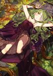 bandage_over_one_eye bandages blush boots dress evelyn_(unlight) eyepatch grass green_hair gwayo highres long_hair looking_at_viewer lying moss on_back open_mouth plant purple_dress solo unlight vines wand 