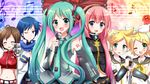  4girls aoba_mina belt blonde_hair blue_eyes blue_hair blue_scarf blush brown_hair closed_eyes detached_sleeves green_eyes green_hair hair_ornament hair_ribbon hairclip hatsune_miku headset kagamine_len kagamine_rin kaito long_hair megurine_luka meiko microphone microphone_stand midriff multiple_boys multiple_girls musical_note navel necktie one_eye_closed open_mouth pink_hair ribbon scarf staff_(music) twintails very_long_hair vocaloid 