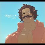  1boy beard_stubble black_hair blush commentary_request facial_hair from_below gol_d._roger highres letterboxed looking_to_the_side male_focus mustache one_piece open_clothes open_shirt ovasayuri pink_shirt shirt sky smile solo 