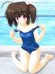  aoi_akua brown_eyes brown_hair drain_(object) kneeling pool poolside school_swimsuit short_hair swimsuit swimsuit_pull to_heart_2 twintails yuzuhara_konomi 