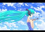  cloud day floating_hair green_eyes green_hair hatsune_miku letterboxed long_hair microphone profile sky tsune_(dreamers_express) twintails very_long_hair vocaloid 