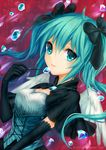  aposekari aqua_eyes aqua_hair bow elbow_gloves fork gem gloves hair_bow hatsune_miku long_hair pricey solo vocaloid watermark web_address wings 