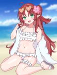  1girl absurdres arknights beach blurry blurry_background breasts brown_hair commentary_request earrings eggplant7217 flower green_eyes hair_flower hair_ornament highres jacket jewelry looking_at_viewer myrtle_(arknights) navel ocean open_mouth pointy_ears sandals sitting small_breasts solo swimsuit 