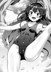  1girl ahoge armpits blush breasts cameltoe cloud covered_navel eris_greyrat feet_out_of_frame fuyumi_kazuki greyscale hair_between_eyes hairband high_kick highres kicking long_hair looking_at_viewer monochrome mushoku_tensei one-piece_swimsuit open_mouth school_swimsuit sky small_breasts solo sparkle splashing split swimsuit teeth very_long_hair 