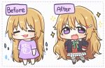  1girl before_and_after black_jacket blush brown_footwear cardigan chibi closed_eyes collared_shirt fang green_ribbon grey_thighhighs hair_between_eyes hair_ornament hairclip hands_on_own_hips jacket konoe_kanata long_hair long_sleeves looking_at_viewer love_live! love_live!_nijigasaki_high_school_idol_club neck_ribbon nijigasaki_academy_school_uniform open_mouth plaid plaid_skirt pleated_skirt purple_eyes purple_shirt red_cardigan ribbon school_uniform shirt short_sleeves skirt sparkle thighhighs v-shaped_eyebrows very_long_hair wavy_mouth white_skirt yoon_(yoon_lovelive) 