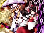  asa_no_ha_(pattern) bare_shoulders blonde_hair brown_eyes brown_hair detached_sleeves gap hair_ribbon hair_tubes hakurei_reimu hat hat_ribbon highres masu_shu multiple_girls purple_eyes ribbon touhou umbrella yagasuri yakumo_yukari 