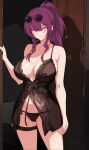  1girl bare_arms bare_shoulders black_dress breasts commentary cowboy_shot dress eyewear_on_head highres honkai:_star_rail honkai_(series) kafka_(honkai:_star_rail) kili_kilio long_hair ponytail purple_eyes purple_hair see-through solo spaghetti_strap standing sunglasses thigh_strap thighs 