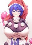  1girl :3 arms_under_breasts black_capelet blob blue_eyes blue_hair blush book breasts capelet commentary doremy_sweet dream_soul dress english_commentary gradient_background hat highres holding holding_book huge_breasts looking_at_viewer nightcap pom_pom_(clothes) red_headwear rion_(user_ufvg8527) short_hair smile solo touhou upper_body 