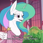 1:1 clothing dialogue dress english_text equid equine female friendship_is_magic fur hair hasbro horn mammal multicolored_hair my_little_pony princess_celestia_(mlp) purple_eyes rocket-lawnchair slime text the_smooze white_body white_fur winged_unicorn wings