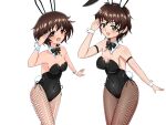  2girls absurdres akiyama_yoshiko akiyama_yukari animal_ears arm_strap black_bow black_bowtie black_leotard bow bowtie breasts brown_eyes brown_hair cleavage collar commentary_request covered_navel cowboy_shot detached_collar earlobe1514366 earrings fake_animal_ears fake_tail fishnet_pantyhose fishnets girls_und_panzer green_eyes highres jewelry leaning_forward leotard looking_at_viewer mature_female medium_breasts messy_hair mother_and_daughter multiple_girls open_mouth pantyhose partial_commentary playboy_bunny rabbit_ears rabbit_tail salute short_hair side-tie_leotard simple_background smile standing strapless strapless_leotard stud_earrings tail wavy_hair white_background white_collar wing_collar wrist_cuffs 