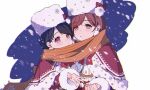  2girls artist_request black_hair brown_hair capelet commentary_request fukumaru_koito hat higuchi_madoka idolmaster idolmaster_shiny_colors jacket looking_at_viewer mole mole_under_eye multiple_girls pom_pom_(clothes) purple_eyes red_jacket scarf short_hair snow upper_body 