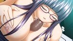  1boy 1girl black_package_try breasts censored cum cum_in_mouth epidemic_kansen_kakudai game_cg glasses large_breasts oral paizuri penis purple_hair 