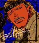  ! 1boy black_eyes black_gloves black_necktie blonde_hair commentary_request english_text eyewear_on_head gloves helmeppo highres larugo0513 long_hair male_focus necktie one_piece open_mouth solo sunglasses teeth 