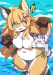  ! !! 1boy 1girl age_difference animal_ears animal_nose bikini blue_eyes blush body_fur breasts brown_fur cleavage furry furry_female furry_male green_bikini green_eyes grey_fur hair_ornament hairclip highres kiori_nezumi large_breasts long_hair multicolored_fur nipples open_mouth original pawpads side-tie_bikini_bottom swimsuit tail tears very_long_hair wardrobe_malfunction water wet 