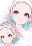  1girl alternate_hairstyle aqua_hair closed_mouth forehead hand_up highres idolmaster idolmaster_cinderella_girls kakki_(kackie) looking_to_the_side medium_hair multicolored_hair multiple_views open_mouth pink_eyes pink_hair shirt simple_background sketch two-tone_hair upper_body v-shaped_eyebrows white_background white_shirt yumemi_riamu 