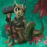 ambiguous_gender anthro armor arthropod butterfly hammer hi_res horn insect kobold lepidopteran log lostwisdom male scalie shield simple_background sitting solo tail tools wood