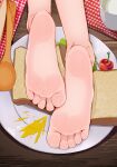  1girl barefoot bread bread_slice cherry_tomato cup feet feet_only food highres mustard napkin original plate qiufengxiaose salad soles solo table toes tomato wooden_spoon wooden_table 