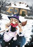  apron black_dress blonde_hair bow braid broom cloud cloudy_sky day dress dutch_angle fence forest grass hand_on_hip hat hat_bow house jianren kirisame_marisa long_hair long_sleeves nature outdoors scarf single_braid sky snow snowflakes snowing solo touhou tree very_long_hair waist_apron winter yellow_eyes 