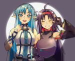  2girls :d ahoge aqua_eyes aqua_hair armor asuna_(sao) asuna_(sao-alo) bare_shoulders breastplate closed_eyes detached_sleeves dress fairy_(sao) fingerless_gloves gloves hairband highres multiple_girls open_mouth pointy_ears purple_gloves purple_hair red_hairband rizqyan_3 smile sword_art_online teeth upper_body upper_teeth_only w white_dress yuuki_(sao) 