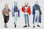  4boys :| albedo_(genshin_impact) alternate_costume aqua_belt aqua_eyes arm_at_side asymmetrical_bangs belt black_footwear black_gloves black_pants black_socks blonde_hair blue_coat blue_hair blue_necktie bolo_tie brooch brown_jacket candy clenched_hand closed_mouth coat coat_on_shoulders collared_shirt cross-laced_clothes curtained_hair denim drawstring earrings expressionless fanny_pack feather_hair_ornament feathers food frilled_shirt frilled_sleeves frills full_body genshin_impact gloves grey_background grey_shirt grey_sweater_vest grey_vest hair_between_eyes hair_ornament hair_over_shoulder hand_in_pocket hand_up headphones highres holding holding_candy holding_food holding_lollipop hood hood_down hoodie jacket jeans jewelry kamisato_ayato kaveh_(genshin_impact) light_blue_hair lineup lollipop long_hair long_sleeves looking_at_viewer lowro_(en) male_focus medium_hair mole mole_under_mouth multicolored_hair multiple_boys necktie neuvillette_(genshin_impact) off_shoulder open_clothes open_jacket oxfords pants purple_eyes red_eyes red_jacket sayagata shirt shirt_tucked_in shoes simple_background smile sneakers socks standing streaked_hair sweater_vest tie_clip torn_clothes torn_jeans torn_pants two-tone_footwear untucked_shirt vest white_coat white_footwear white_hair white_hoodie white_pants white_shirt 