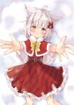  1girl :t ahoge animal_ear_fluff animal_ears bed_sheet bell blush bow brown_eyes capelet cat_ears closed_mouth commentary_request dress feet_out_of_frame frilled_dress frills fur-trimmed_capelet fur_trim grey_hair hair_bell hair_between_eyes hair_bow hair_ornament highres looking_at_viewer lying manabe_mana on_back original outstretched_arms plaid plaid_dress pleated_dress pout red_bow red_capelet red_dress solo yellow_bow 