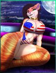 anthro bikini bikini_bottom bikini_thong bikini_top breasts brown_hai car clothing cute_expression ear_piercing ear_ring facial_piercing fangs felid female full_moon green_eyes hair hi_res hybrid jewelry long_hair looking_at_viewer mammal moon night nose_piercing nose_ring piercing pinup pose purple_car ring_piercing saber-toothed_tiger sabertooth_(anatomy) sky smile smiling_at_viewer star starry_sky striderpeace50g stripes swimwear teeth toofer vehicle