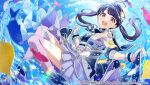  1girl black_hair boots commentary_request fangs fukumaru_koito gloves idolmaster idolmaster_shiny_colors long_hair looking_at_viewer official_art open_mouth purple_eyes purple_skirt purple_thighhighs skin_fangs skirt solo splashing swept_bangs thighhighs twintails water white_gloves 