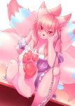 2022 4_toes anthro barefoot blush breasts canid canine claws cleavage clothed clothing cute_fangs digital_media_(artwork) dipstick_ears dipstick_tail ear_piercing feet female female_anthro finger_claws fingers foot_focus fox fur hair kemono long_hair looking_at_viewer mammal markings multi_tail multicolored_ears multicolored_tail off_shoulder pawpads paws piercing pink_body pink_fur pink_hair red_eyes sitting smug solo tail tail_markings toe_claws toes translucent translucent_clothing urekemo