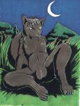 anthro black_body black_fur canid canine canis clitoris evening female flat_chested fur genitals grass hi_res mammal moon nature nipples nude nyghtmar3 plant pussy sitting solo spread_legs spreading traditional_media_(artwork) tree wolf young_female