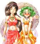  2girls ^_^ black_hair blush breasts choker cleavage closed_eyes fire_emblem fire_emblem:_thracia_776 green_eyes green_hair lara_(fire_emblem) long_hair lowres medium_breasts multiple_girls navel nervous outstretched_arm ponytail red_sarong sarong smile sweat tina_(fire_emblem) usachu_now 