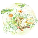  alraune_(p&amp;d) closed_eyes dress flower green_hair happy highres leaf long_hair plant_girl puzzle_&amp;_dragons smile solo swing 