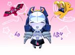  :d =_= bird blush buri_hamachi chibi closed_eyes deathsaurus decepticon eagle_breast flail full_body gradient gradient_background happy mechanical_wings no_humans no_nose open_mouth pink_background robot smile solo sparkle standing star tail tiger_breast transformers transformers_victory weapon wings yojio_(2188) 