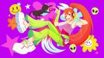  1girl :d absurdres black_cat bow cat cd_player chelsea_beck crunchyroll english_commentary flower full_body green_pants hair_bow headphones highres long_hair multicolored_hair pants pink_nails purple_background red_eyes red_hair red_shirt scrunchie see-through shirt shoes smile smiley_face sneakers solo tamagotchi two-tone_hair white_hair white_scrunchie wristband zipper 