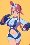  1girl artist_name blue_eyes blue_gloves blush breasts cowboy_shot gloves hair_ornament highres holding holding_poke_ball looking_to_the_side midriff navel ora_(oraora_oekaki) poke_ball poke_ball_(basic) pokemon pokemon_bw propeller_hair_ornament red_hair short_shorts shorts simple_background skyla_(pokemon) small_breasts smile solo v-shaped_eyebrows yellow_background 