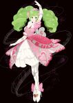  1girl absurdres arm_up black_background boots bow colored_eyelashes commentary dress elbow_gloves english_commentary expressionless falulu full_body gloves green_eyes green_hair high_heel_boots high_heels highres long_hair looking_at_viewer minyono pink_bow pink_dress pretty_series pripara puffy_short_sleeves puffy_sleeves short_sleeves sidelocks solo standing tiara twintails very_long_hair white_footwear white_gloves winding_key 