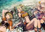  :d aqua_hair beach closed_eyes gloves green_hair gumi hands hatsune_miku holding ia_(vocaloid) jewelry long_hair lying midriff multiple_girls navel necklace on_back open_mouth partially_submerged sitting smile tsukioka_tsukiho twintails vocaloid water white_hair 
