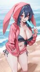  1girl absurdres beach bikini blue_hair blush breasts cleavage fang food front-tie_bikini_top front-tie_top gompang_11 hand_in_pocket highres holding holding_food holding_popsicle jacket large_breasts long_sleeves looking_at_viewer navel ocean open_mouth original outdoors partially_unzipped pink_jacket popsicle red_eyes side-tie_bikini_bottom skin_fang slit_pupils solo stomach swimsuit 